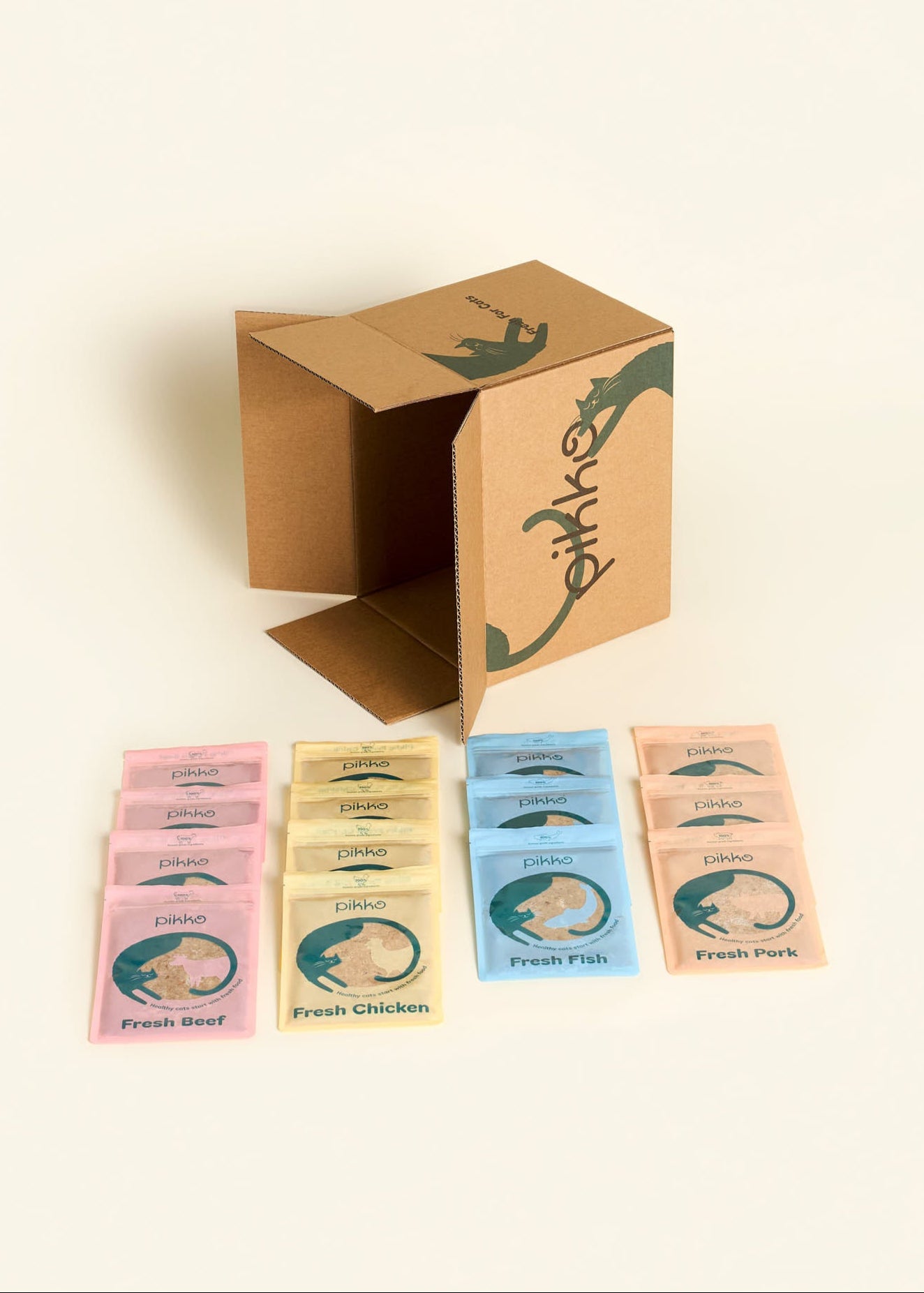 Open Pikko trial box with 14 vacuum-sealed pouches of fresh cat food in four flavours: beef, chicken, fish, and pork.